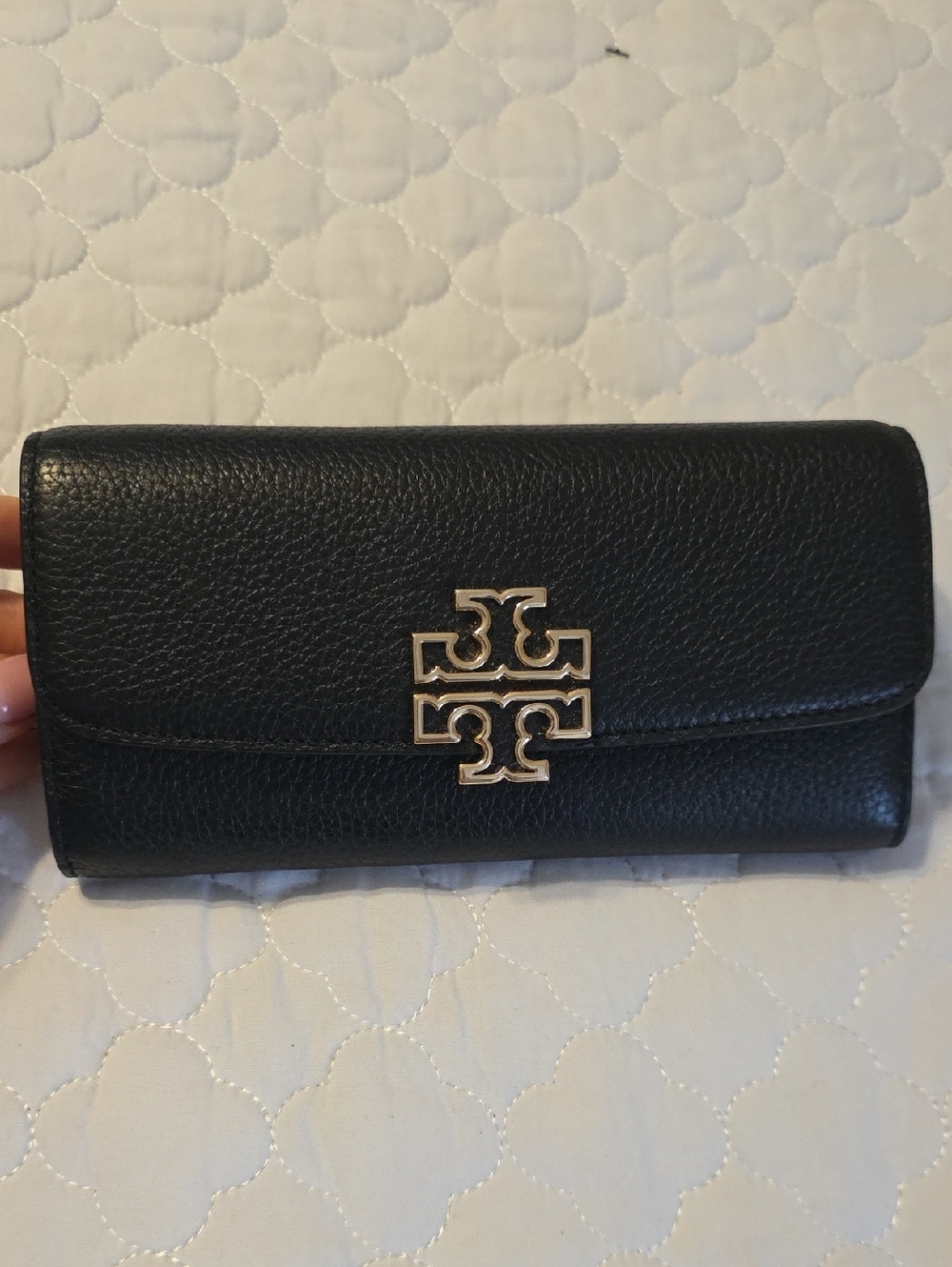 Tory Burch Black Leather Continental Wallet with Gold Logo Emblem